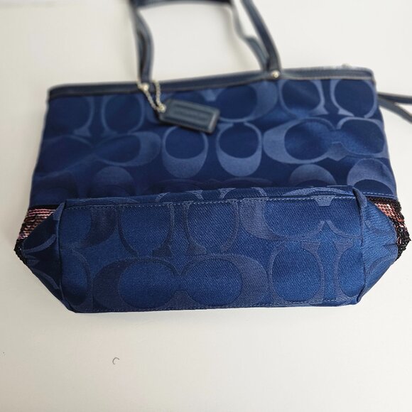 Coach Signature Tote Handbag J1120-F17574 Satin Pink Sequin Band Medium Blue Bag - Picture 9 of 16